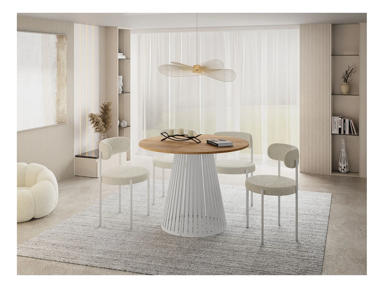 Table à Manger Ronde Extensible Style Loft – 120 à 200 cm – Design Industriel avec Pieds en Métal Blanc, Gain de Place pour Salon ou Salle à Manger – Marron