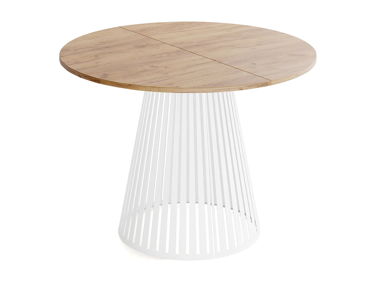 Esstisch Rund Ausziehbar mit Lamellen im Loft-Stil – 120 cm – Industrieller Tisch mit Weißen Metallbeinen, Platzsparend für Wohnzimmer oder Esszimmer – Braun