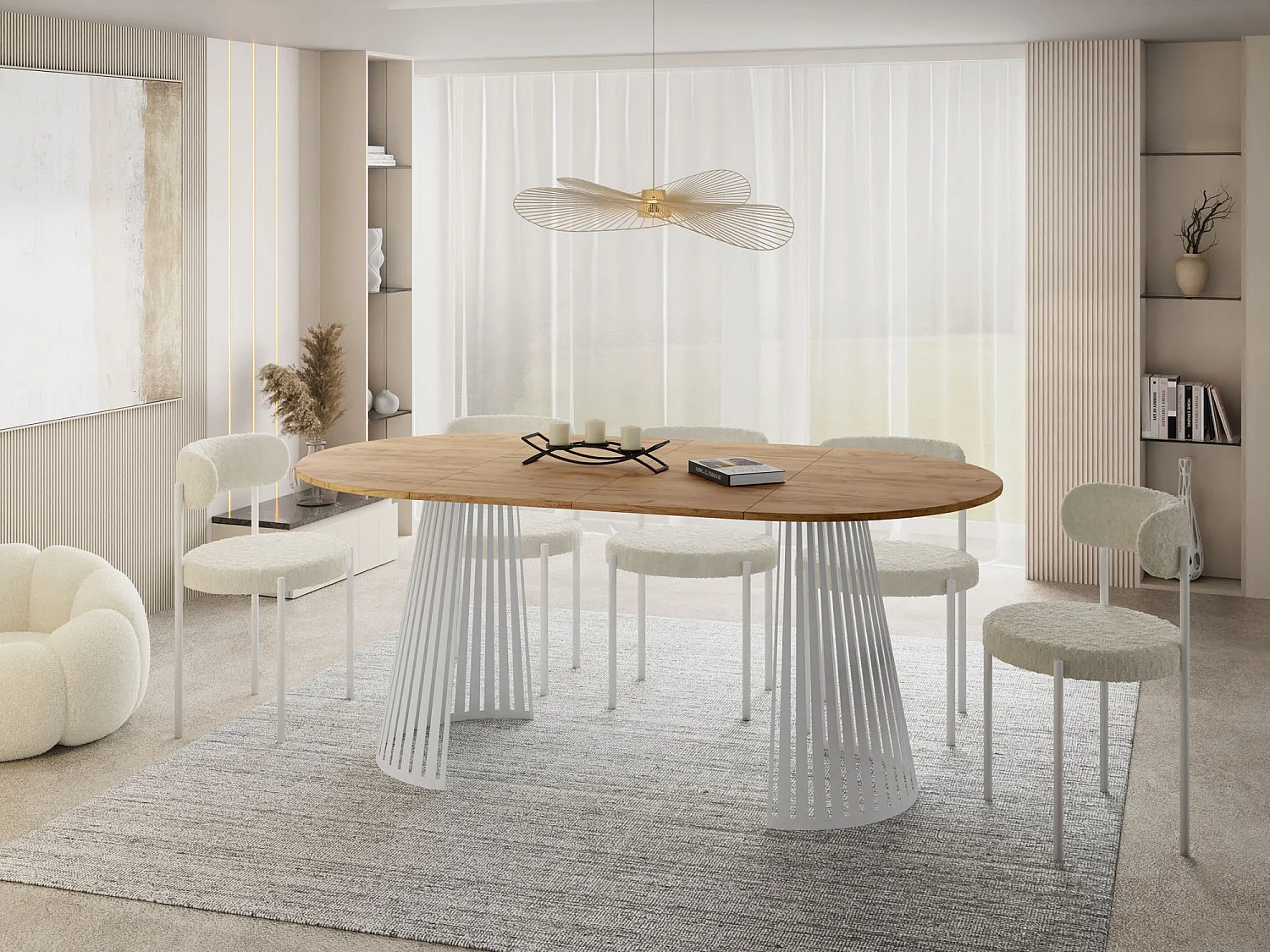 Esstisch Rund Ausziehbar mit Lamellen im Loft-Stil – 120 cm – Industrieller Tisch mit Weißen Metallbeinen, Platzsparend für Wohnzimmer oder Esszimmer – Braun