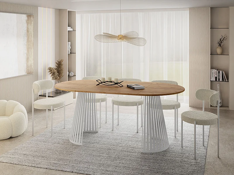 Esstisch Rund Ausziehbar mit Lamellen im Loft-Stil – 100 cm – Industrieller Tisch mit Weißen Metallbeinen, Platzsparend für Wohnzimmer oder Esszimmer – Braun