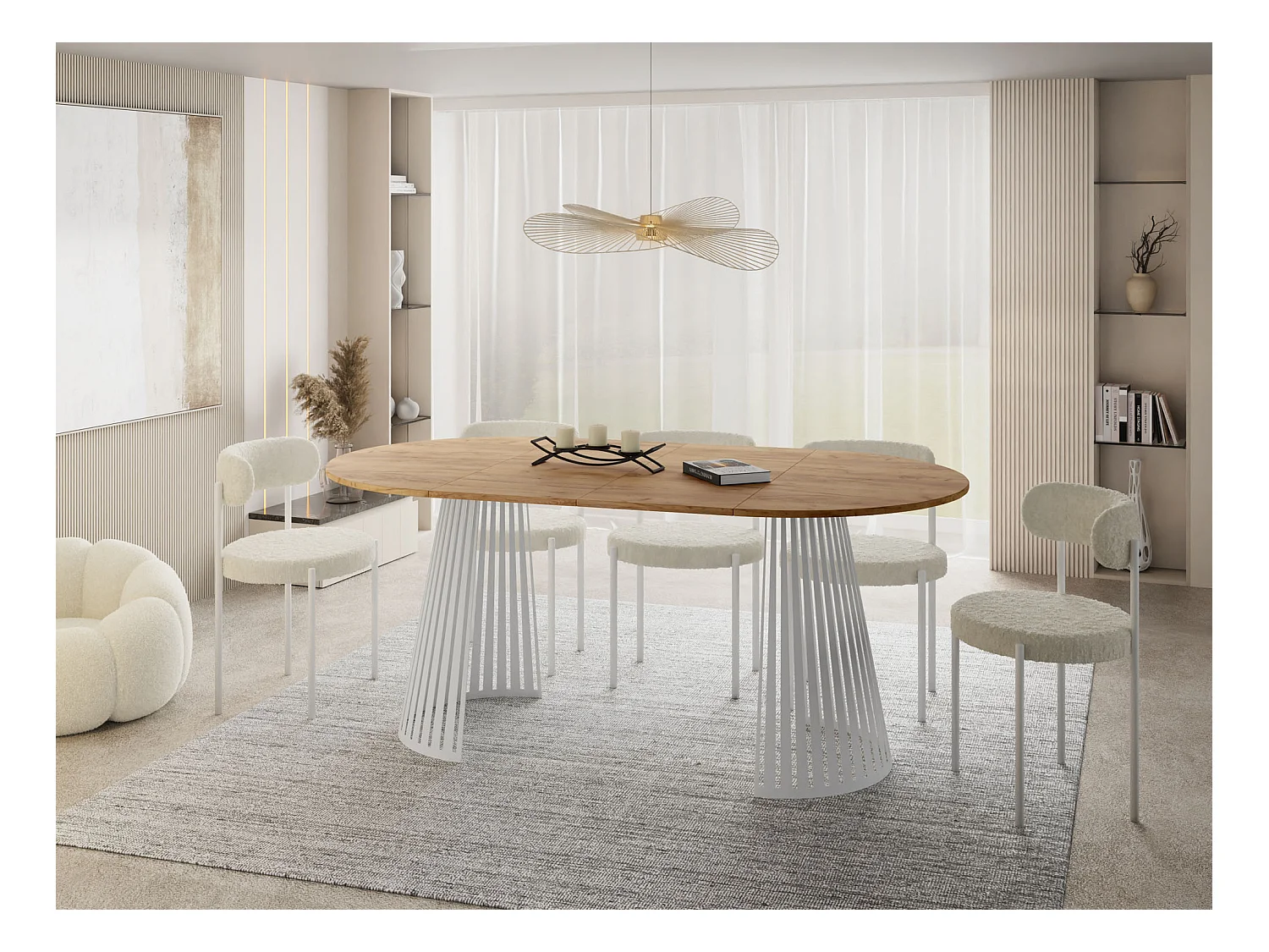 Esstisch Rund Ausziehbar mit Lamellen im Loft-Stil – 100 cm – Industrieller Tisch mit Weißen Metallbeinen, Platzsparend für Wohnzimmer oder Esszimmer – Braun