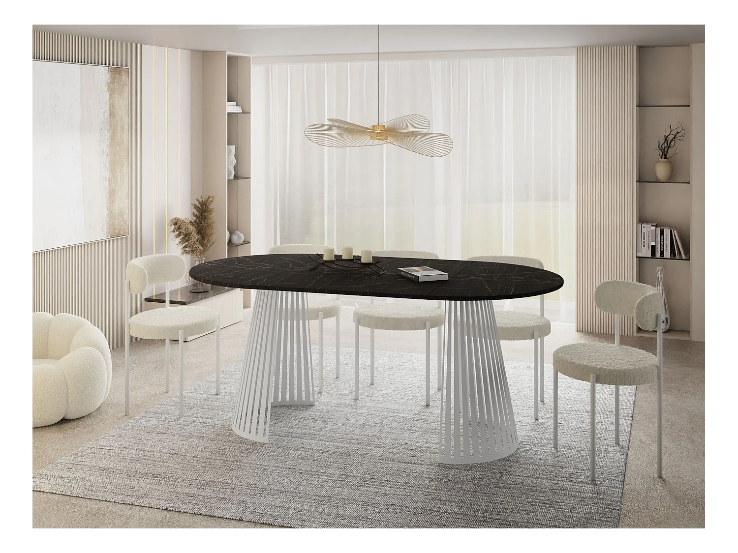 Esstisch Rund Ausziehbar mit Lamellen im Loft-Stil – 100 cm – Industrieller Tisch mit Weißen Metallbeinen, Platzsparend für Wohnzimmer Esszimmer – Marmor Schwarz
