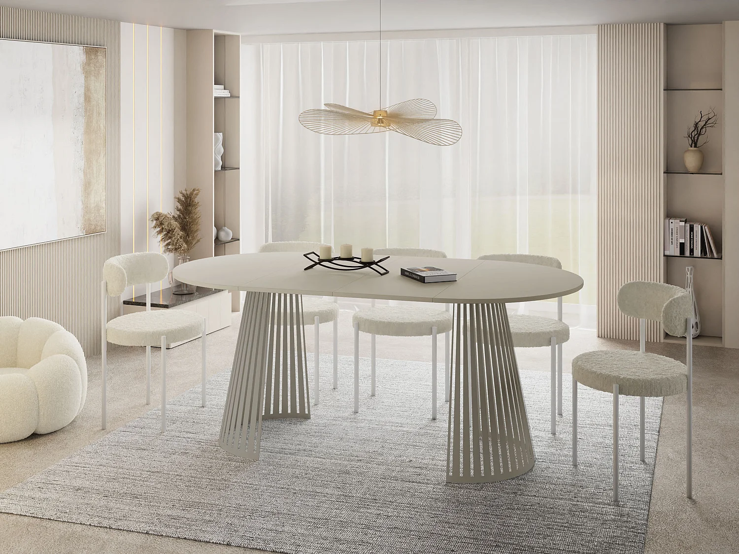 Esstisch Rund Ausziehbar mit Lamellen im Loft-Stil – 100 cm – Industrieller Tisch mit Metallbeinen in Grau-Beige, Platzsparend für Wohnzimmer – Grau-Beige