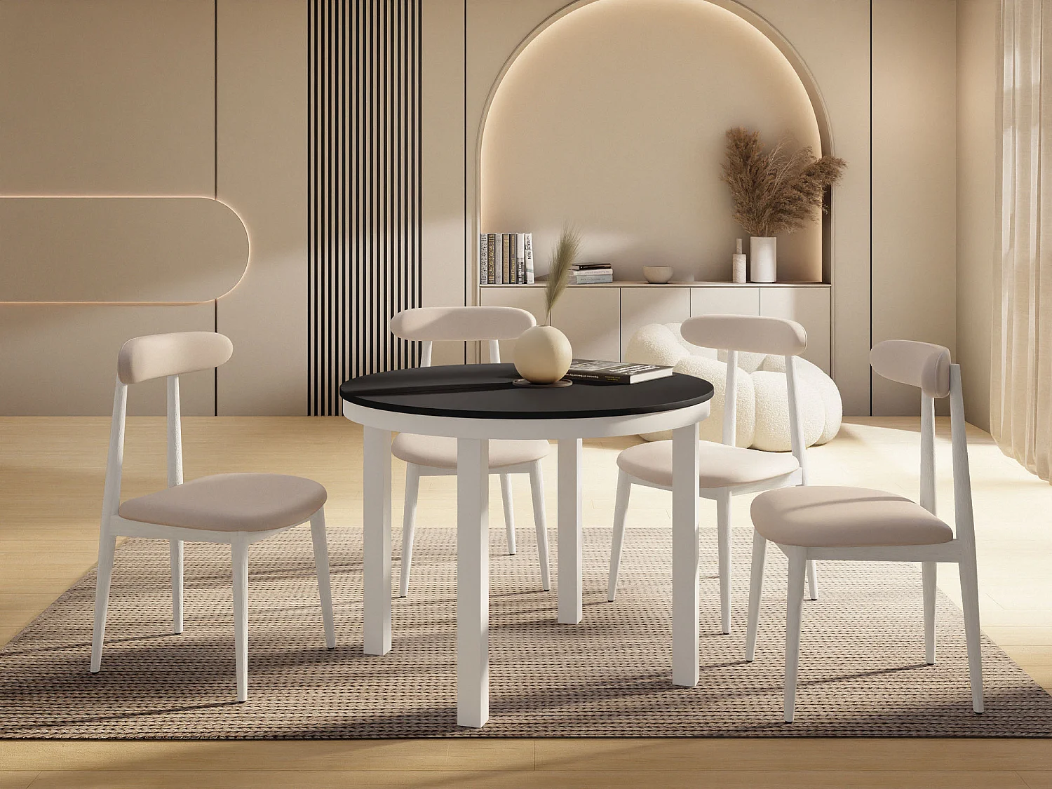 Table à Manger Ronde Extensible avec Pieds Métalliques Blancs – Table Industrielle – Table Gain de Place pour Salon ou Cuisine – 100 cm à 180 cm – Noir