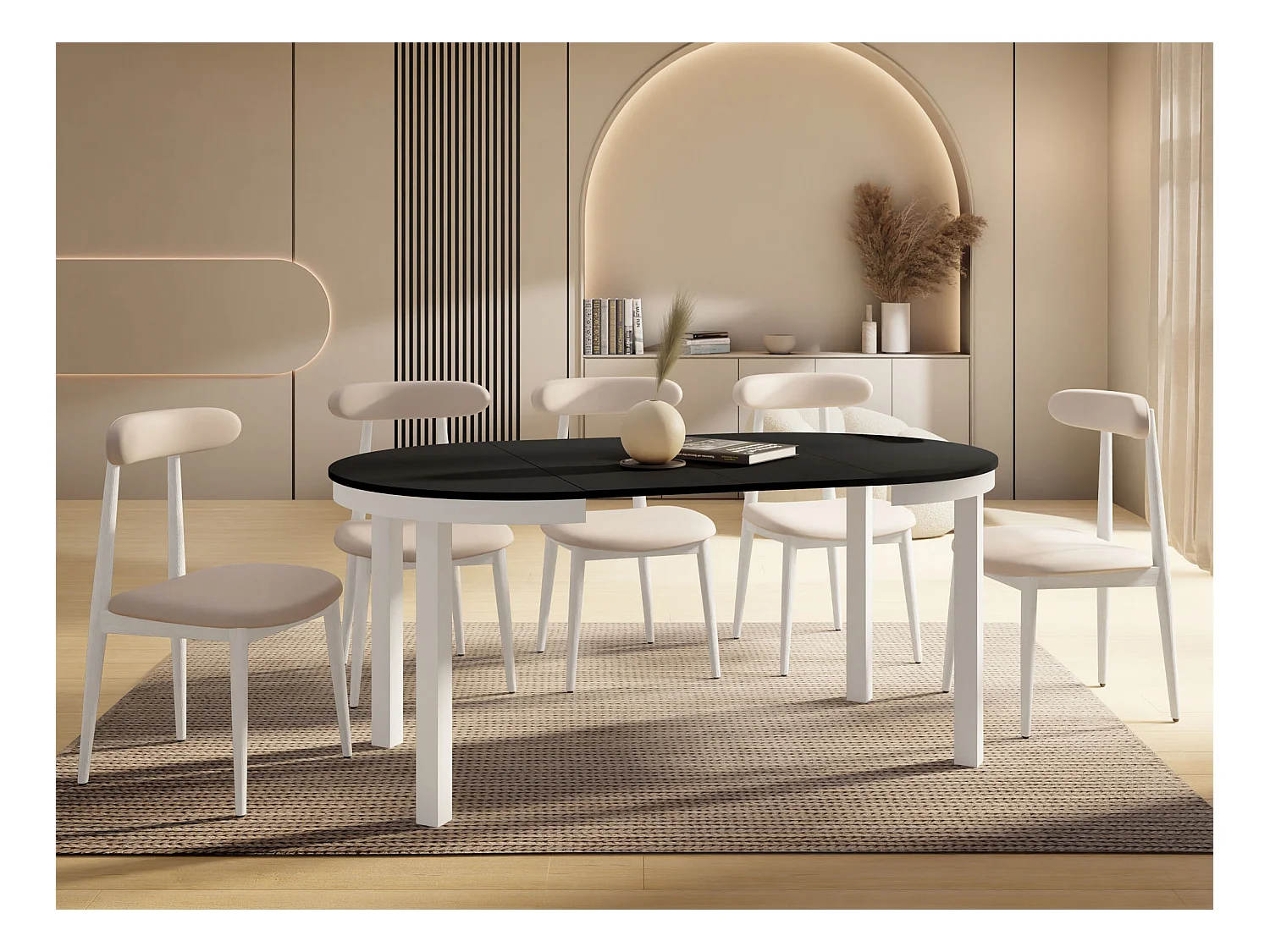 Table à Manger Ronde Extensible avec Pieds Métalliques Blancs – Table Industrielle – Table Gain de Place pour Salon ou Cuisine – 100 cm à 180 cm – Noir