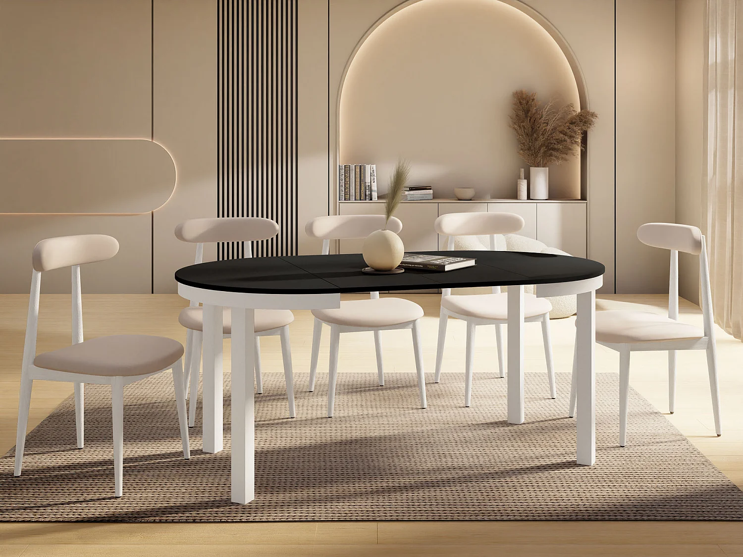 Runder Ausziehbarer Esstisch mit Weißem Metallgestell – Platzsparender Tisch im Loft-Stil für Wohnzimmer – Schwarz mit Weißen Metallbeinen – 100 bis 180 cm