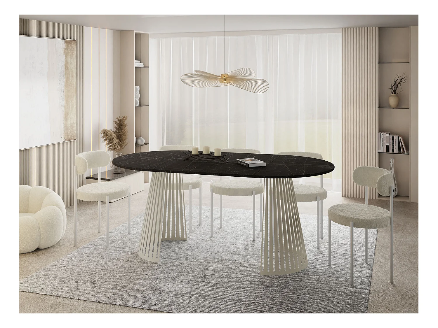 Esstisch Rund Ausziehbar mit Lamellen im Loft-Stil – 100 cm – Industrieller Tisch mit Metallbeinen in Beige Cashmere, Platzsparend für Wohnzimmer – Marmor Schwarz