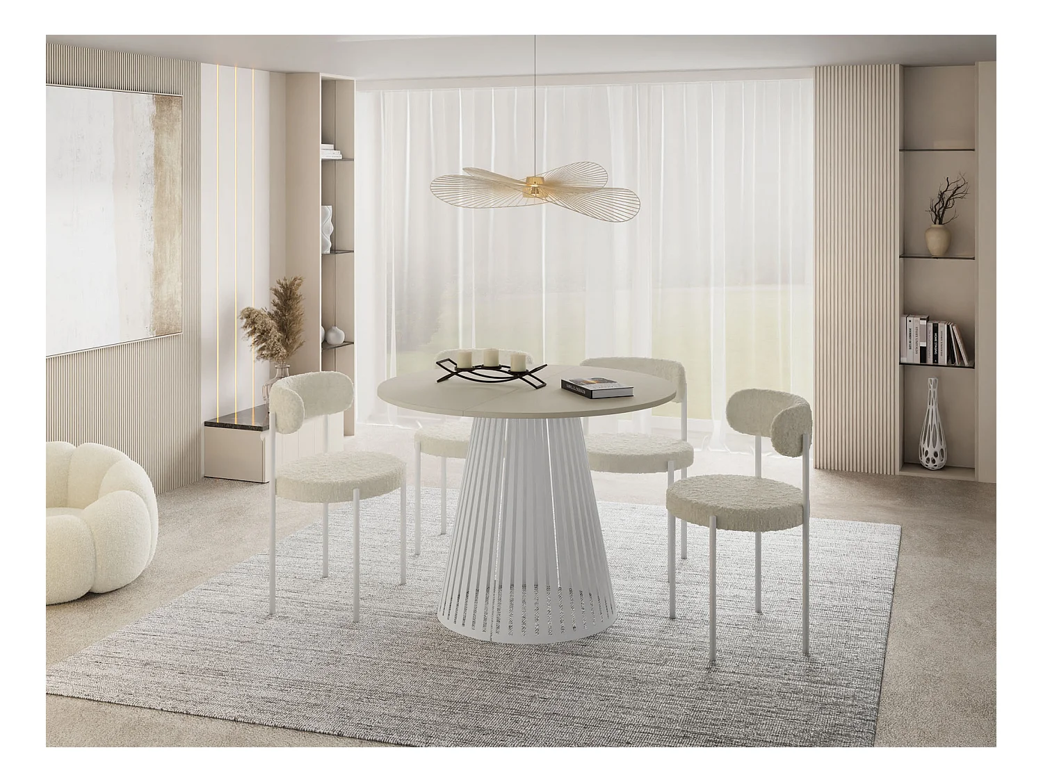 Table à Manger Ronde Extensible Style Loft – 100 à 180 cm – Design Industriel avec Pieds en Métal Blanc, Gain de Place pour Salon Salle à Manger – Beige Cachemire