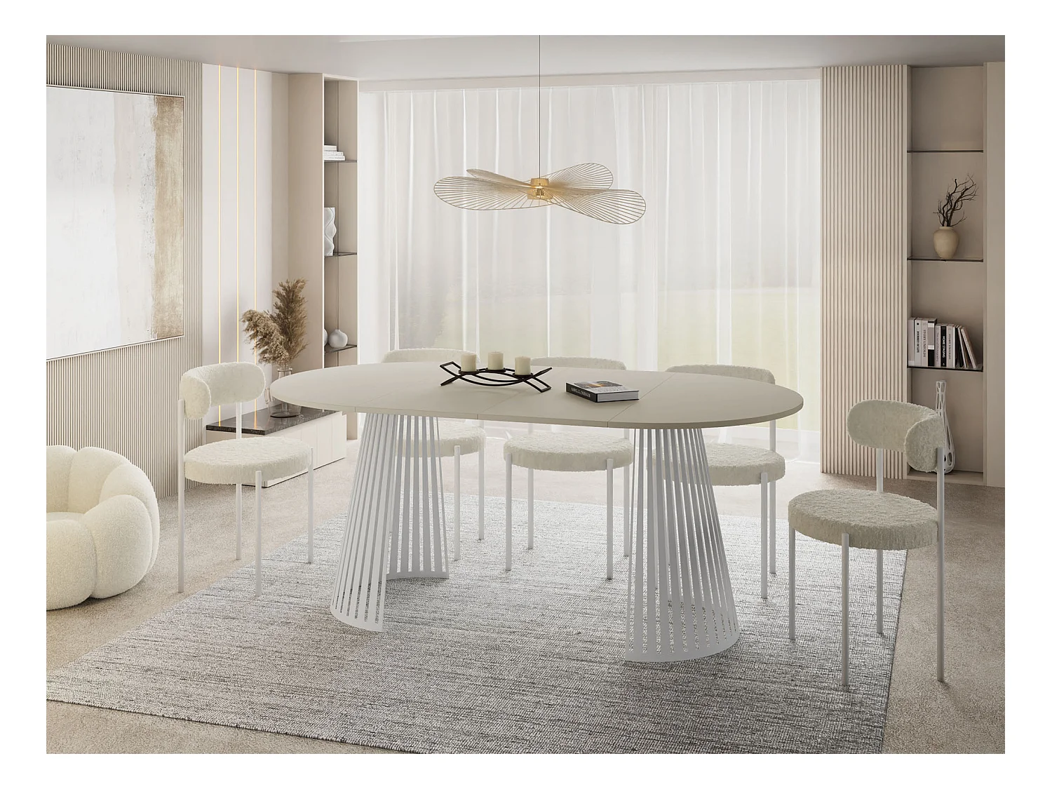 Esstisch Rund Ausziehbar mit Lamellen im Loft-Stil – 100 cm – Industrieller Tisch mit Weißen Metallbeinen, Platzsparend für Wohnzimmer Esszimmer – Beige Cashmere