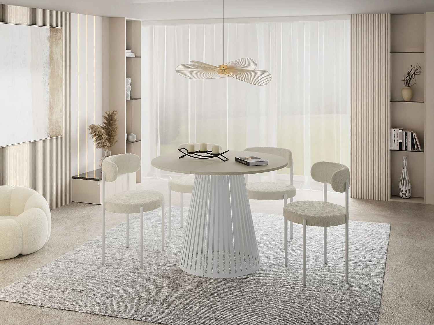 Esstisch Rund Ausziehbar mit Lamellen im Loft-Stil – 100 cm – Industrieller Tisch mit Weißen Metallbeinen, Platzsparend für Wohnzimmer Esszimmer – Beige Cashmere