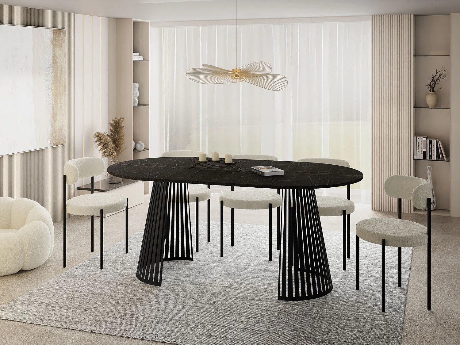 Table à Manger Ronde Extensible avec Lamelles Style Loft 120 cm – Design Industriel avec Pieds en Métal Noir, Gain de Place pour Salon, Salle à Manger – Marbre Noir