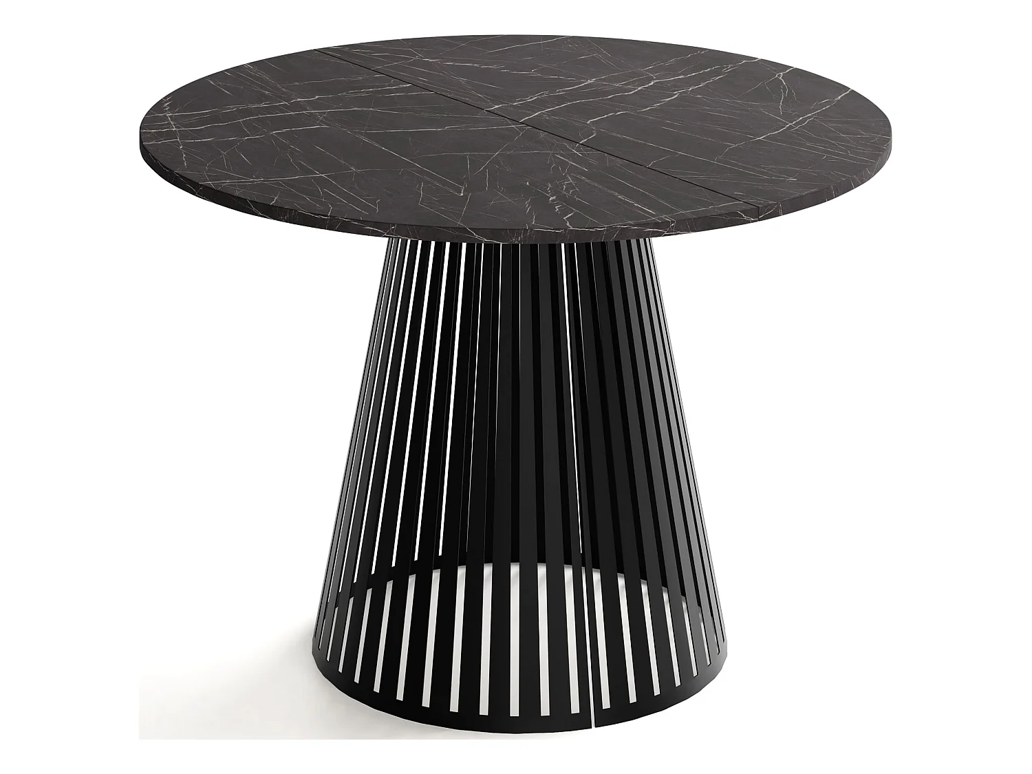 Table à Manger Ronde Extensible avec Lamelles Style Loft 120 cm – Design Industriel avec Pieds en Métal Noir, Gain de Place pour Salon, Salle à Manger – Marbre Noir
