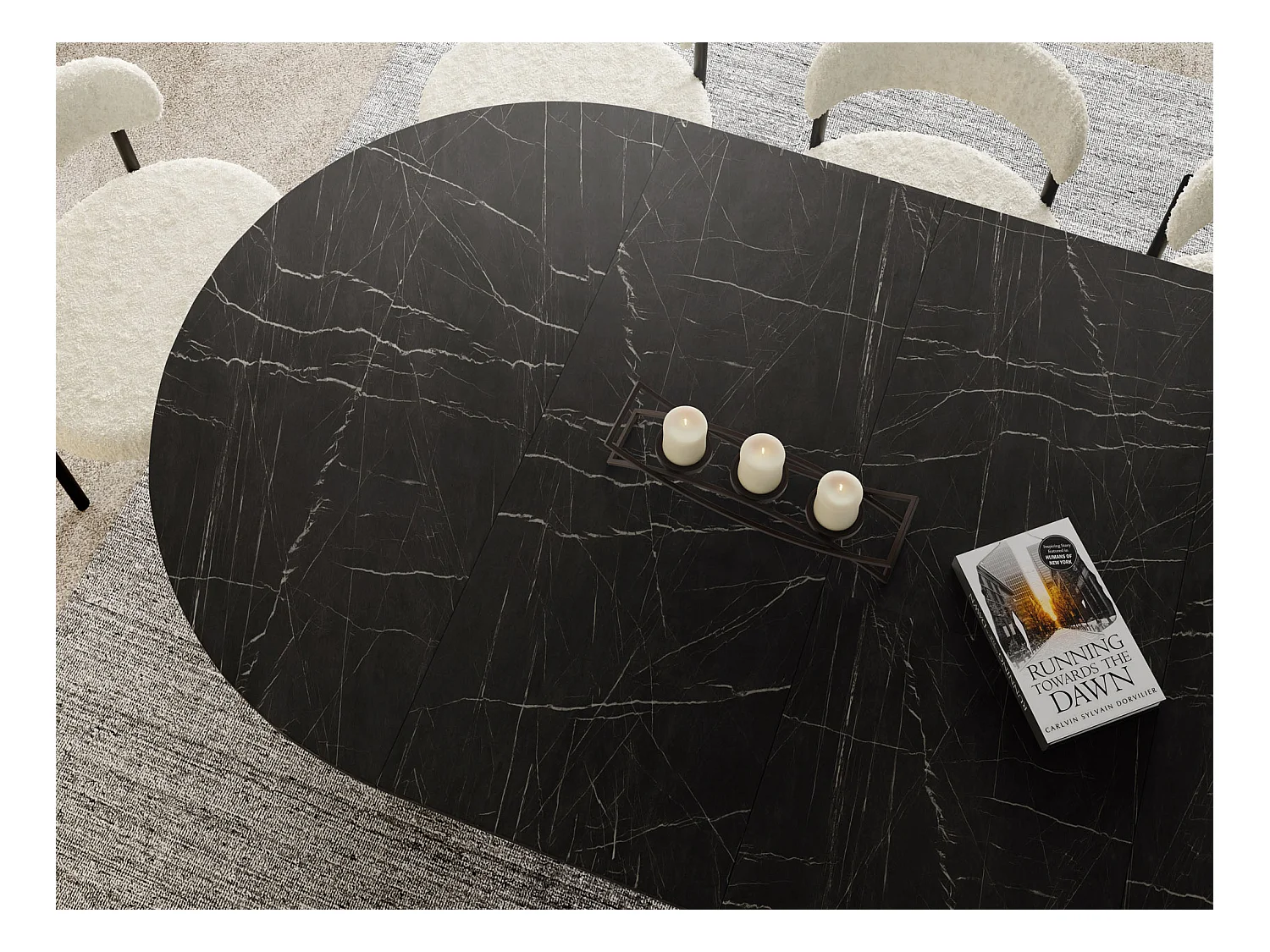 Table à Manger Ronde Extensible avec Lamelles Style Loft 120 cm – Design Industriel avec Pieds en Métal Noir, Gain de Place pour Salon, Salle à Manger – Marbre Noir