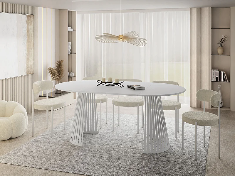 Esstisch Rund Ausziehbar mit Lamellen im Loft-Stil – 100 cm – Industrieller Tisch mit Weißen Metallbeinen, Platzsparend für Wohnzimmer Esszimmer – Weiß