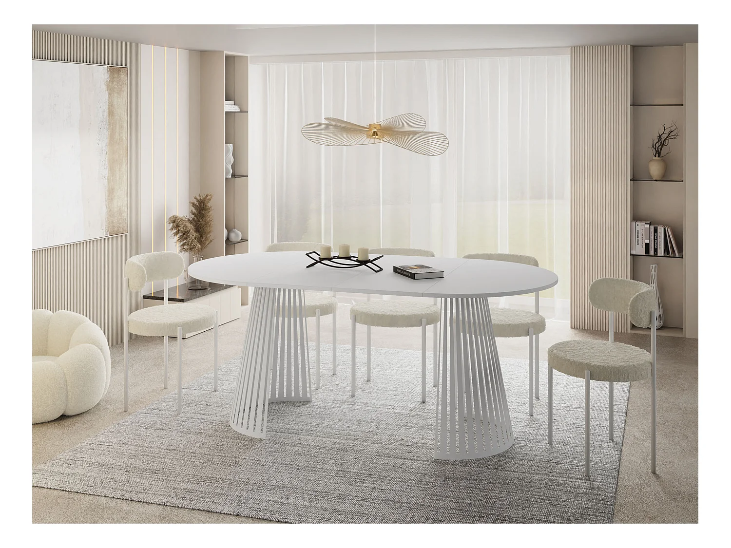 Esstisch Rund Ausziehbar mit Lamellen im Loft-Stil – 100 cm – Industrieller Tisch mit Weißen Metallbeinen, Platzsparend für Wohnzimmer Esszimmer – Weiß