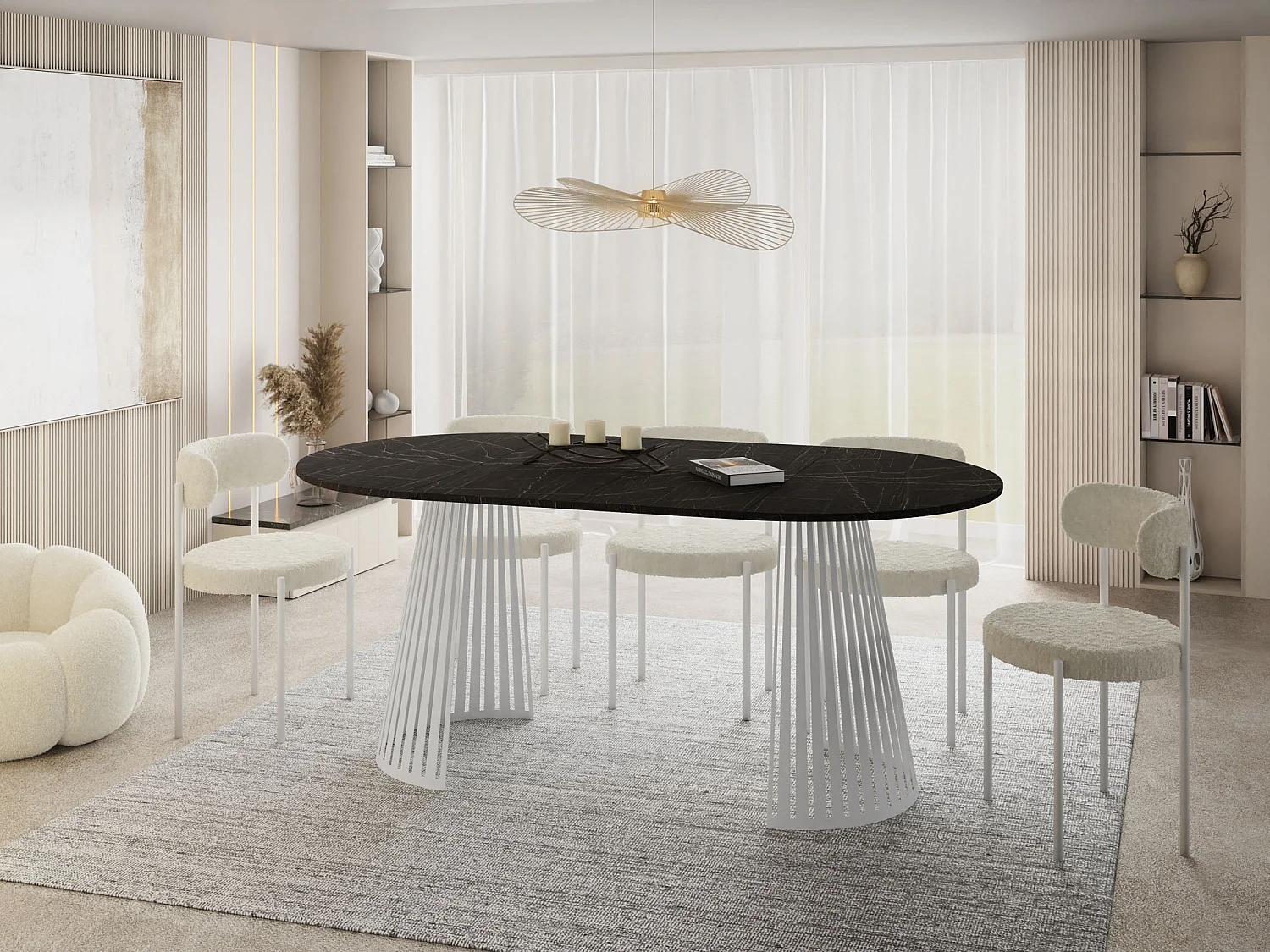 Table à Manger Ronde Extensible Style Loft – 120 à 200 cm – Design Industriel avec Pieds en Métal Blanc, Gain de Place pour Salon ou Salle à Manger – Marbre Noir