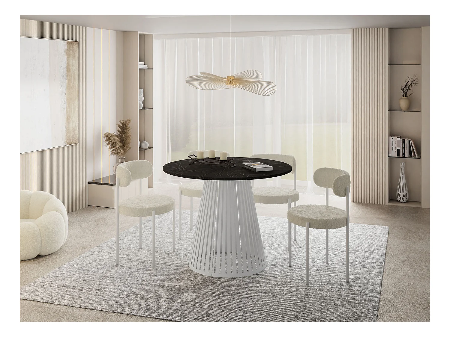 Table à Manger Ronde Extensible Style Loft – 120 à 200 cm – Design Industriel avec Pieds en Métal Blanc, Gain de Place pour Salon ou Salle à Manger – Marbre Noir