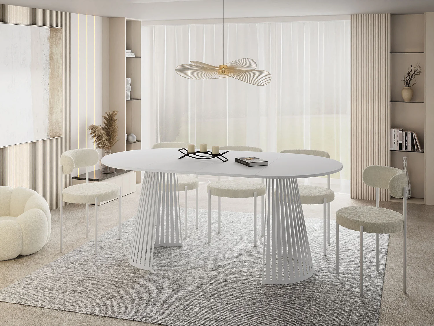 Esstisch Rund Ausziehbar mit Lamellen im Loft-Stil – 120 cm – Industrieller Tisch mit Weißen Metallbeinen, Platzsparend für Wohnzimmer Esszimmer – Weiß