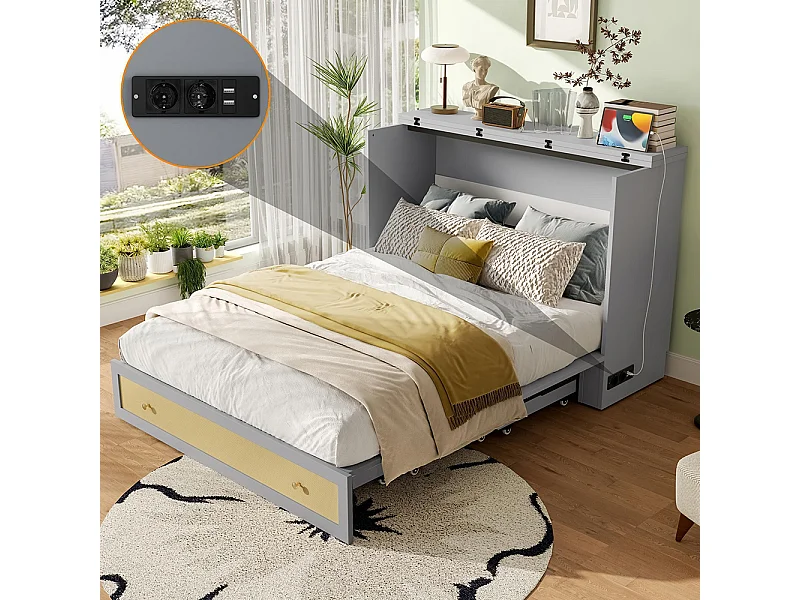 Lit escamotable mobile 140x200 cm tiroirs pied étagère tête USB électrique sans matelas gris