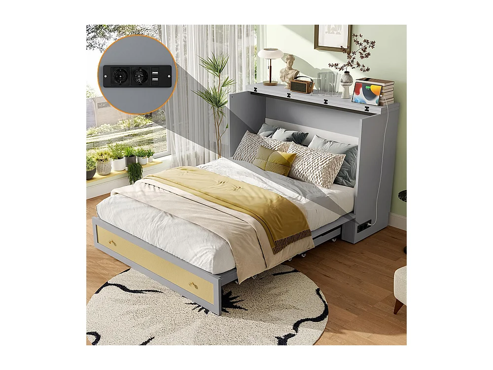 Lit escamotable mobile 140x200 cm tiroirs pied étagère tête USB électrique sans matelas gris