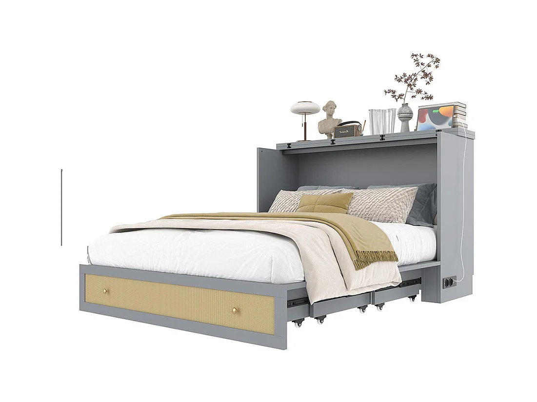 Lit escamotable mobile 140x200 cm tiroirs pied étagère tête USB électrique sans matelas gris