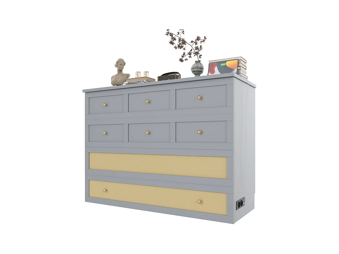 Lit escamotable mobile 140x200 cm tiroirs pied étagère tête USB électrique sans matelas gris