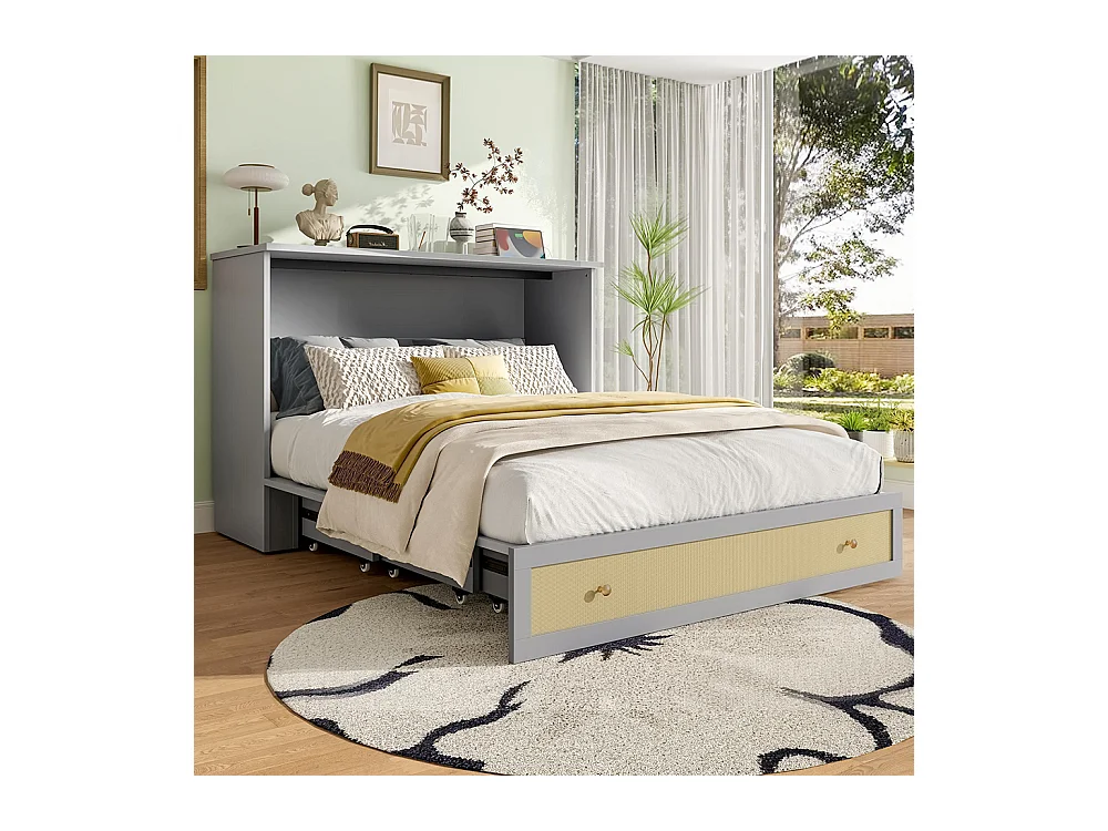 Lit escamotable mobile 140x200 cm tiroirs pied étagère tête USB électrique sans matelas gris