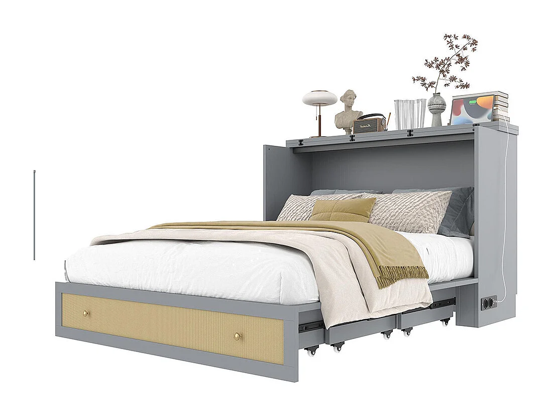 Lit escamotable mobile 140x200 cm tiroirs pied étagère tête USB électrique sans matelas gris