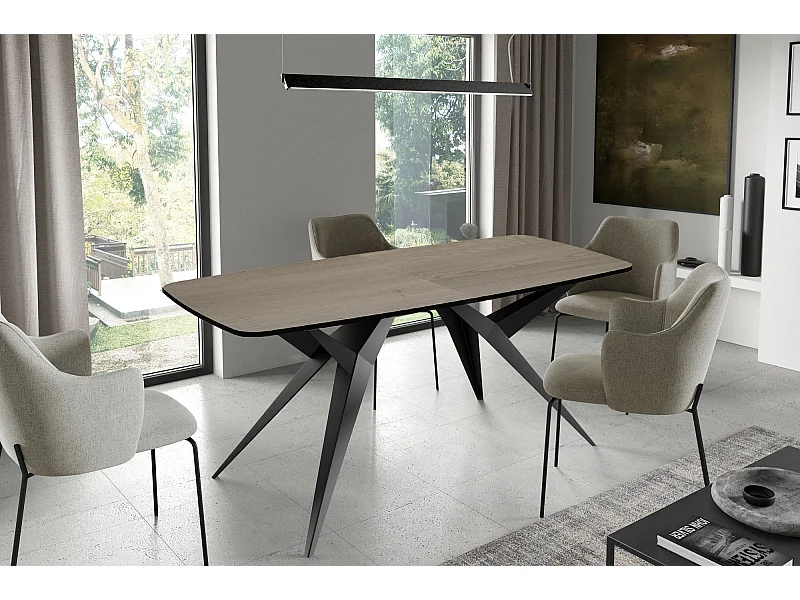 Table à Manger Extensible Style Loft – Rectangulaire Pieds en Métal Noir – Design Industriel avec Coins Arrondis – Table pour 10-14 Personnes – 200 à 280 cm Marron