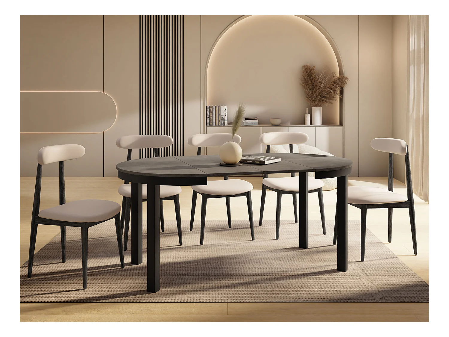 Table à Manger Ronde Extensible avec Pieds Métalliques Noirs – Table Industrielle – Table Gain de Place pour Salon ou Cuisine – 100 cm à 180 cm – Gris Béton Foncé