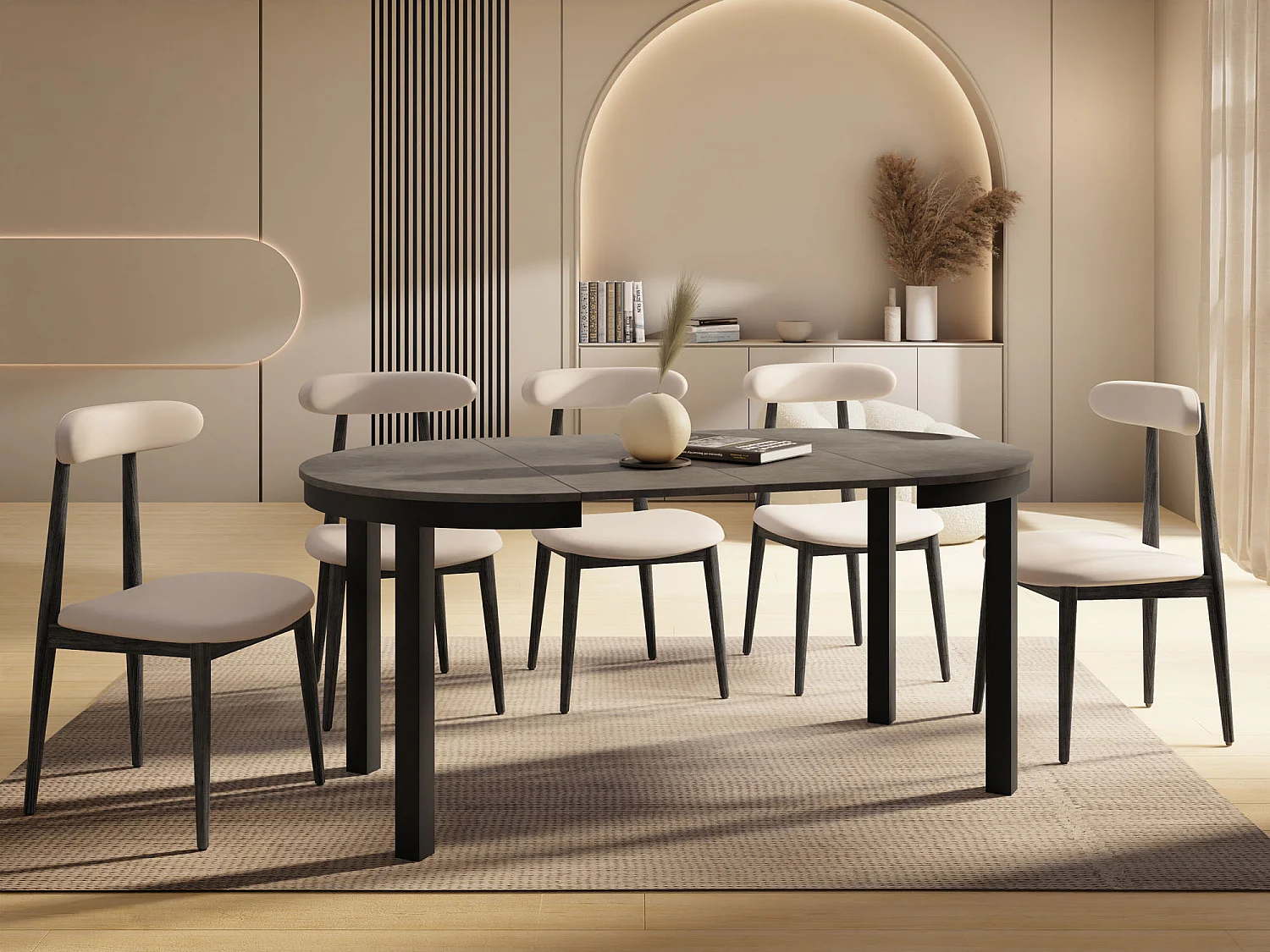 Runder Ausziehbarer Esstisch mit Schwarzem Metallgestell – Platzsparender Tisch im Loft-Stil – Dunkelgrauer Beton mit Schwarzen Metallbeinen – 100 bis 180 cm