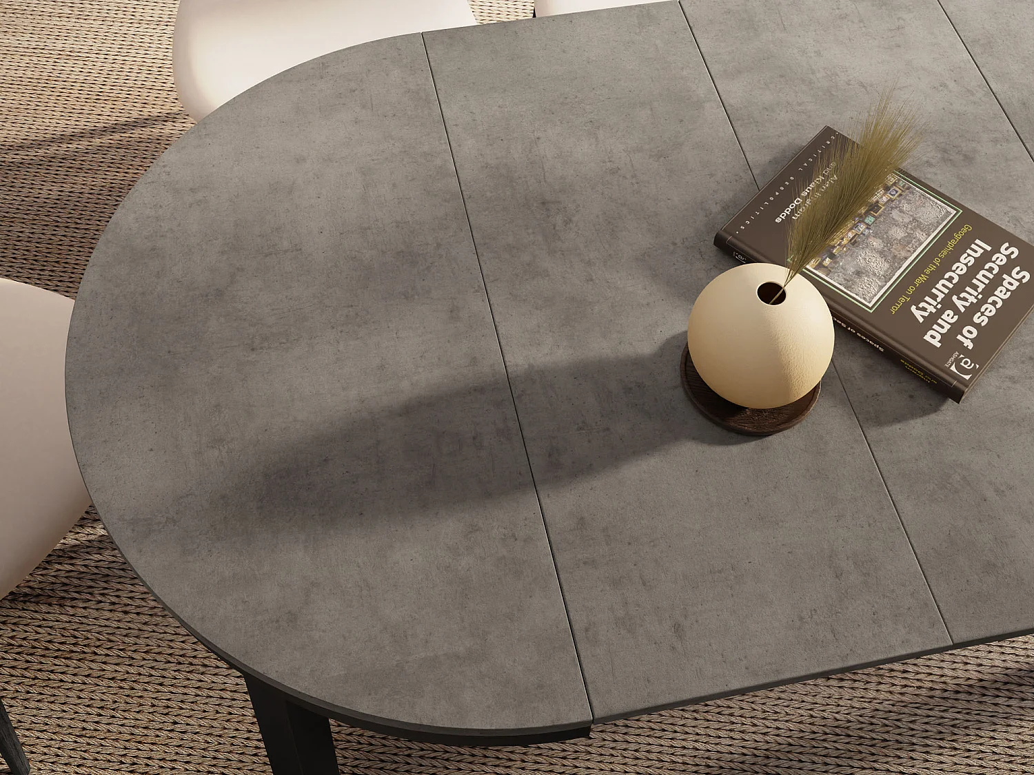 Runder Ausziehbarer Esstisch mit Schwarzem Metallgestell – Platzsparender Tisch im Loft-Stil – Dunkelgrauer Beton mit Schwarzen Metallbeinen – 100 bis 180 cm