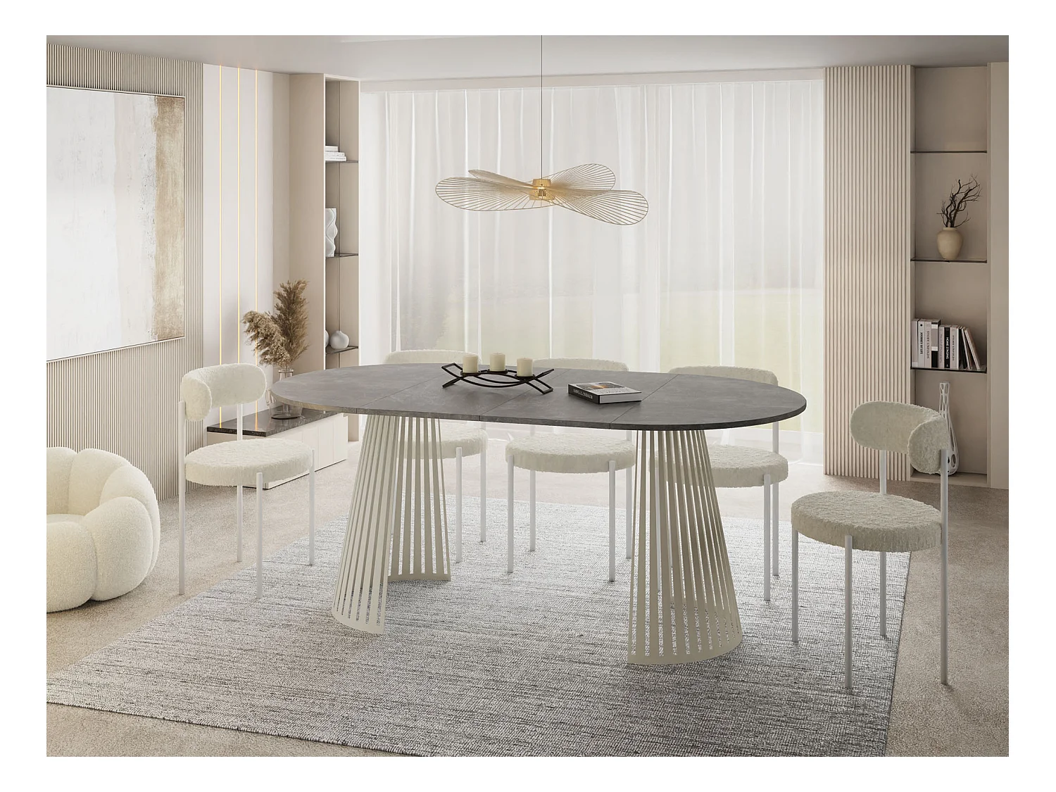 Esstisch Rund Ausziehbar mit Lamellen im Loft-Stil – 120 cm – Industrieller Tisch mit Metallbeinen in Beige Cashmere, Platzsparend für Wohnzimmer – Grauer Beton