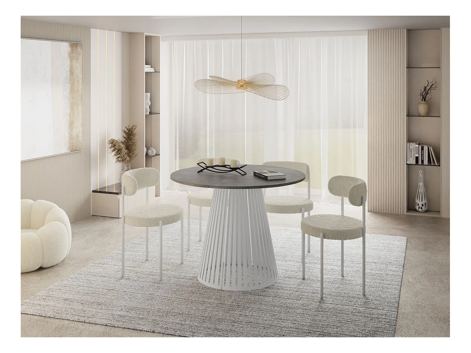 Table à Manger Ronde Extensible Style Loft – 100 à 180 cm – Design Industriel avec Pieds en Métal Blanc, Gain de Place pour Salon ou Salle à Manger – Gris Béton