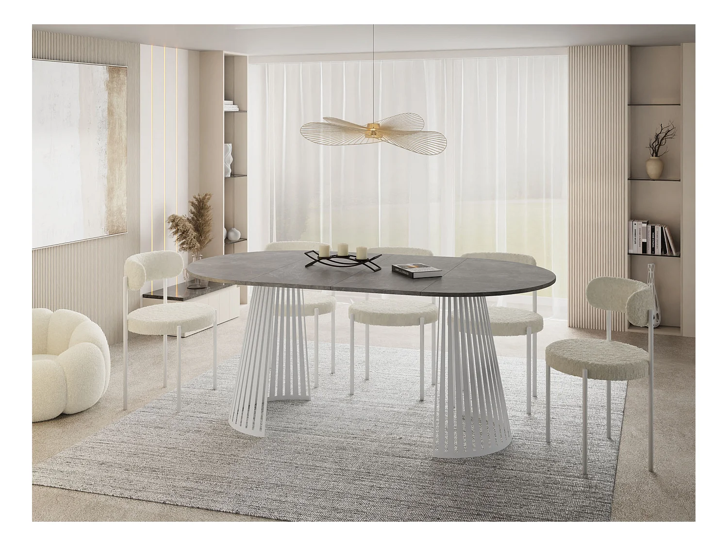 Esstisch Rund Ausziehbar mit Lamellen im Loft-Stil – 100 cm – Industrieller Tisch mit Weißen Metallbeinen, Platzsparend für Wohnzimmer Esszimmer – Grauer Beton