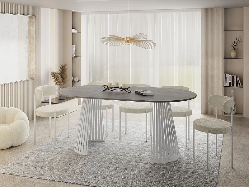 Table à Manger Ronde Extensible Style Loft – 100 à 180 cm – Design Industriel avec Pieds en Métal Blanc, Gain de Place pour Salon ou Salle à Manger – Gris Béton