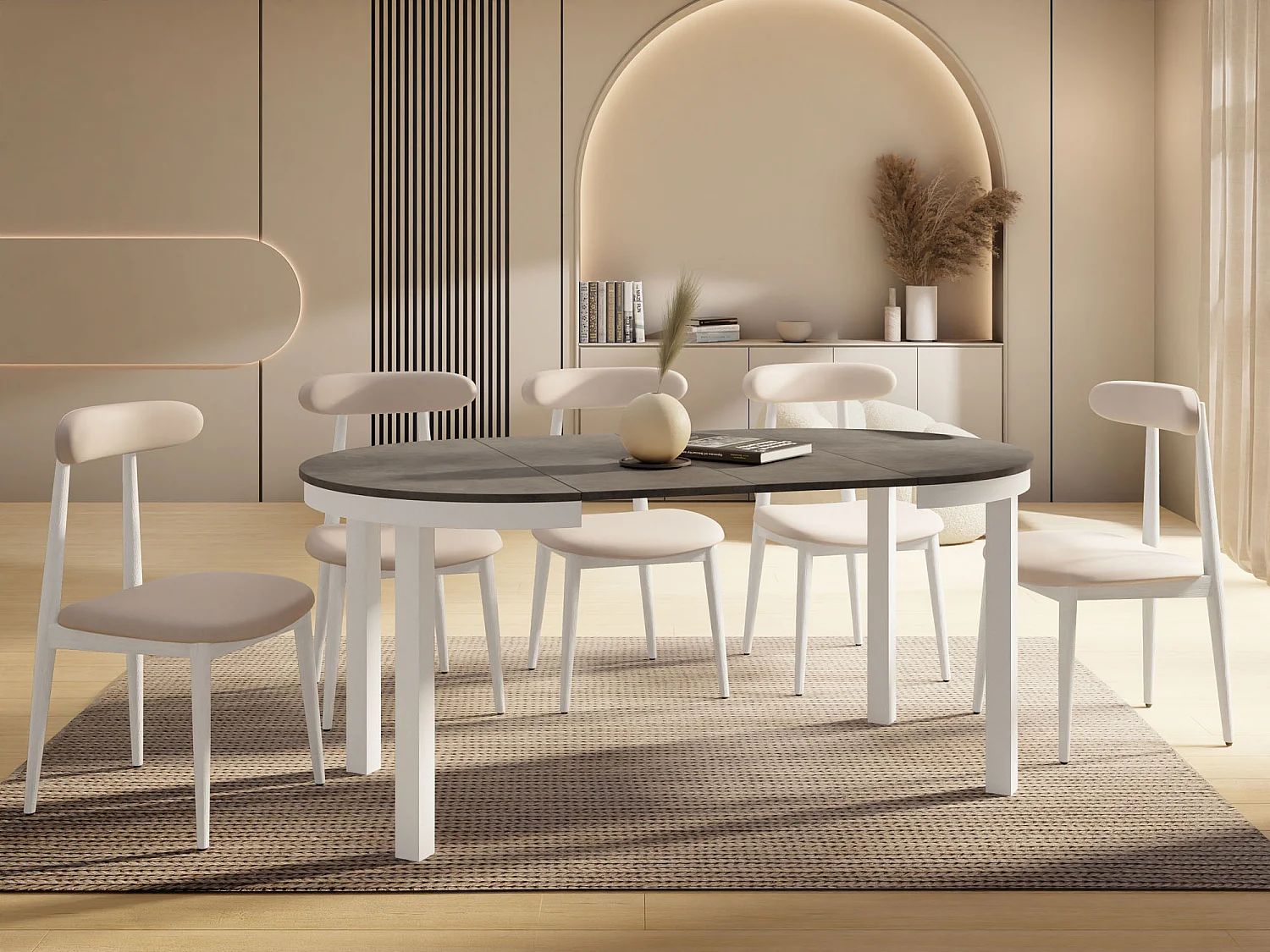 Runder Ausziehbarer Esstisch mit Weißem Metallgestell – Platzsparender Tisch im Loft-Stil für Wohnzimmer – Dunkelgrauer Beton mit Weißen Metallbeinen – 100 bis 180