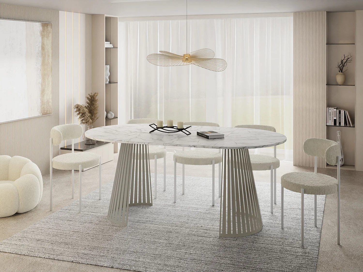 Esstisch Rund Ausziehbar mit Lamellen im Loft-Stil – 100 cm – Industrieller Tisch mit Metallbeinen in Grau-Beige, Platzsparend für Wohnzimmer – Marmor Weiß