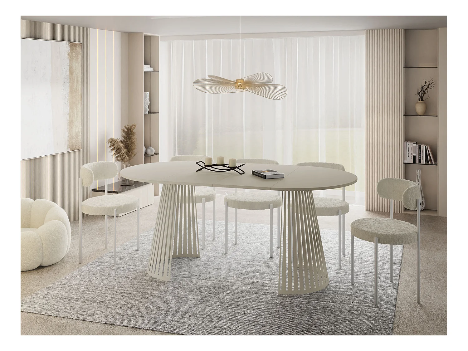 Esstisch Rund Ausziehbar mit Lamellen im Loft-Stil – 120 cm – Industrieller Tisch mit Metallbeinen in Beige Cashmere, Platzsparend für Wohnzimmer – Beige Cashmere