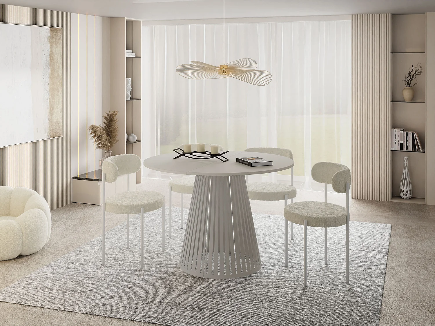 Esstisch Rund Ausziehbar mit Lamellen im Loft-Stil – 120 cm – Industrieller Tisch mit Metallbeinen in Grau-Beige, Platzsparend für Wohnzimmer – Grau-Beige