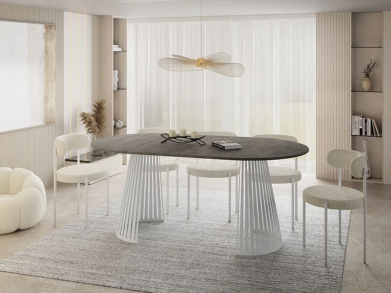 Table à Manger Ronde Extensible Style Loft – 100 à 180 cm – Design Industriel avec Pieds en Métal Blanc, Gain de Place pour Salon Salle à Manger – Béton Gris Foncé