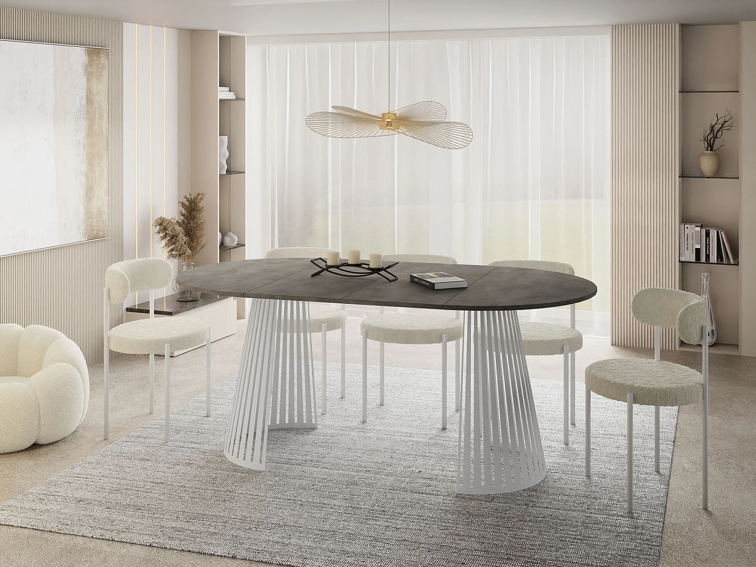 Table à Manger Ronde Extensible Style Loft – 100 à 180 cm – Design Industriel avec Pieds en Métal Blanc, Gain de Place pour Salon Salle à Manger – Béton Gris Foncé