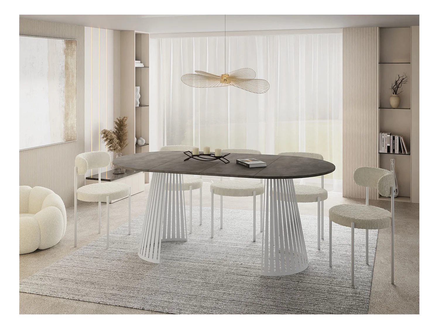 Esstisch Rund Ausziehbar mit Lamellen im Loft-Stil – 100 cm – Industrieller Tisch mit Weißen Metallbeinen, Platzsparend für Esszimmer – Beton-Optik Dunkelgrau