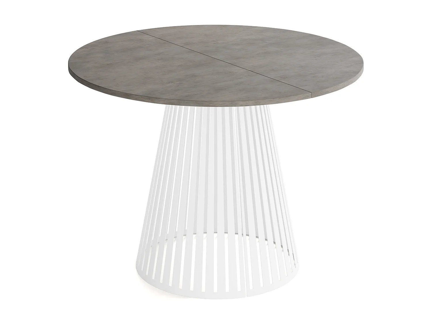 Esstisch Rund Ausziehbar mit Lamellen im Loft-Stil – 100 cm – Industrieller Tisch mit Weißen Metallbeinen, Platzsparend für Esszimmer – Beton-Optik Dunkelgrau