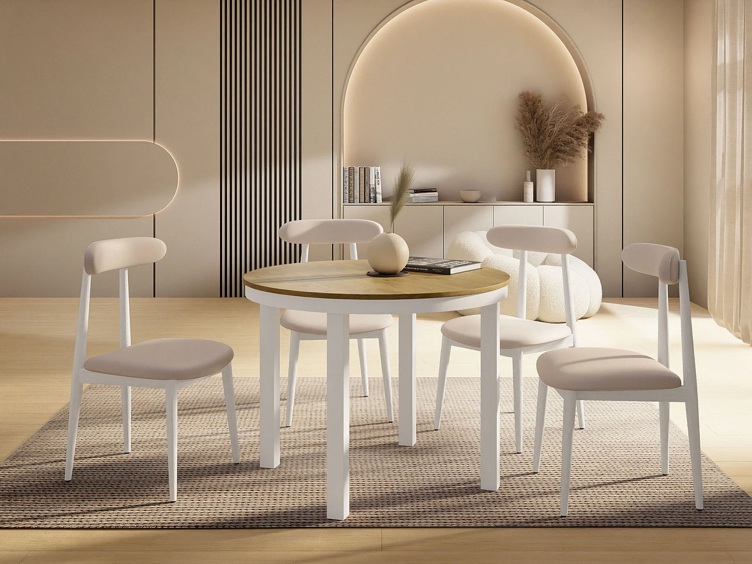 Table à Manger Ronde Extensible avec Pieds Métalliques Blancs – Table Industrielle – Table Gain de Place pour Salon ou Cuisine – 100 cm à 180 cm – Chêne Lancelot