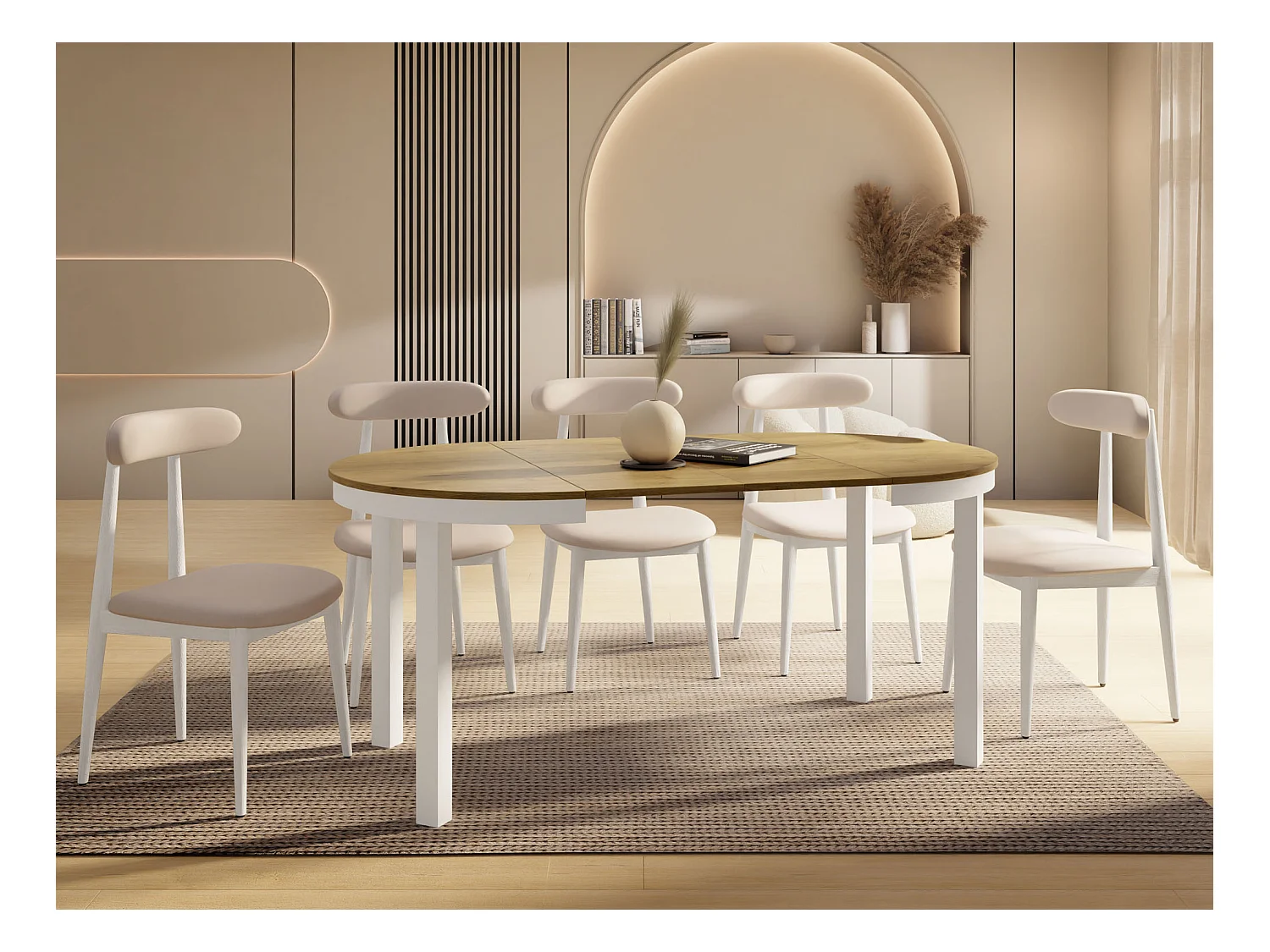 Table à Manger Ronde Extensible avec Pieds Métalliques Blancs – Table Industrielle – Table Gain de Place pour Salon ou Cuisine – 100 cm à 180 cm – Chêne Lancelot