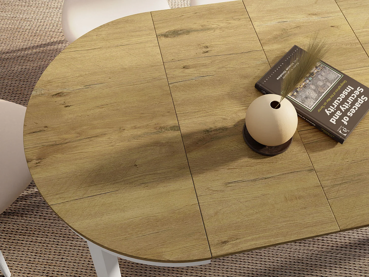 Runder Ausziehbarer Esstisch mit Weißem Metallgestell – Platzsparender Tisch im Loft-Stil für Wohnzimmer – Lancelot Eiche mit Weißen Metallbeinen – 100 bis 180 cm