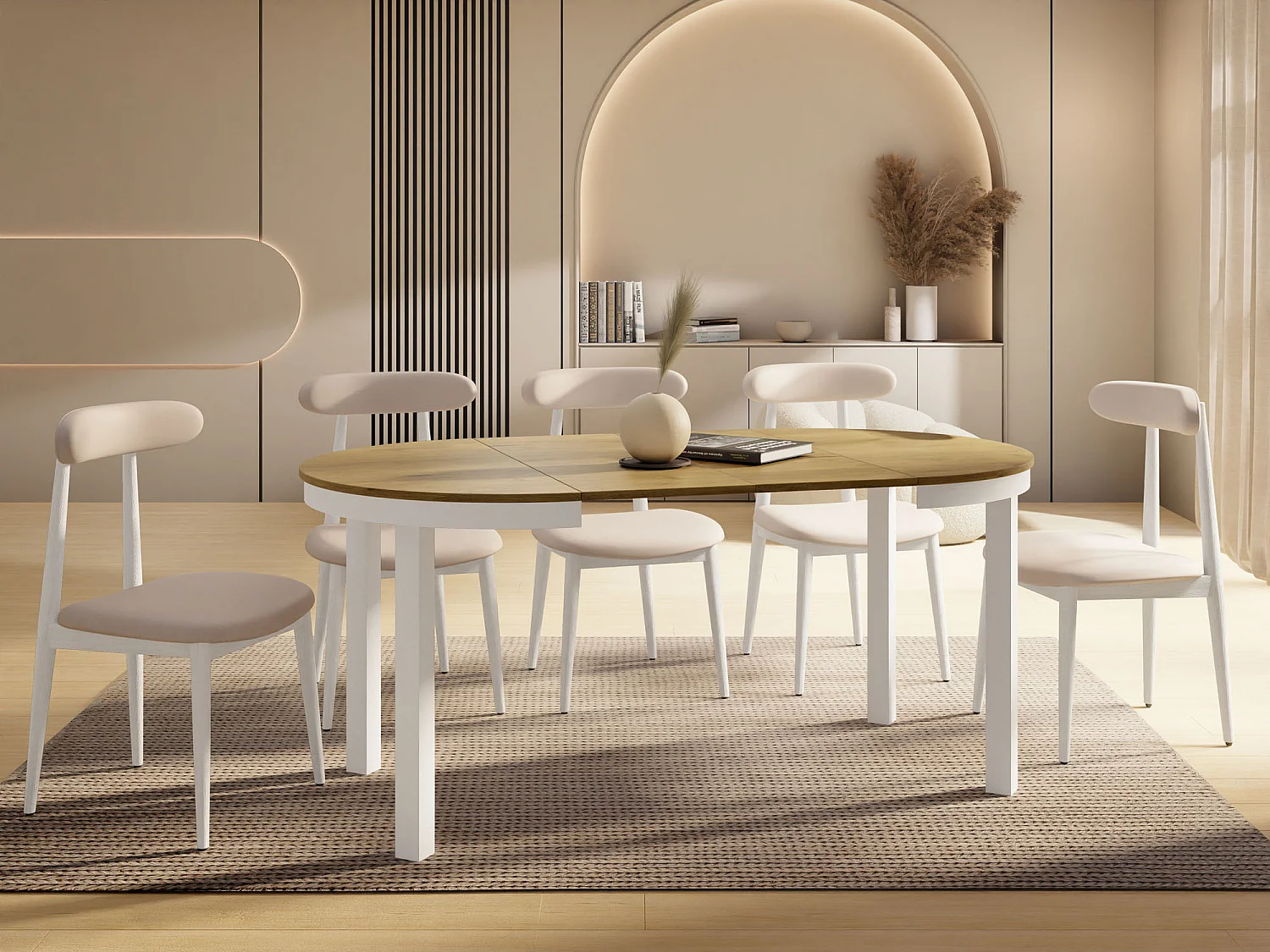 Runder Ausziehbarer Esstisch mit Weißem Metallgestell – Platzsparender Tisch im Loft-Stil für Wohnzimmer – Lancelot Eiche mit Weißen Metallbeinen – 100 bis 180 cm