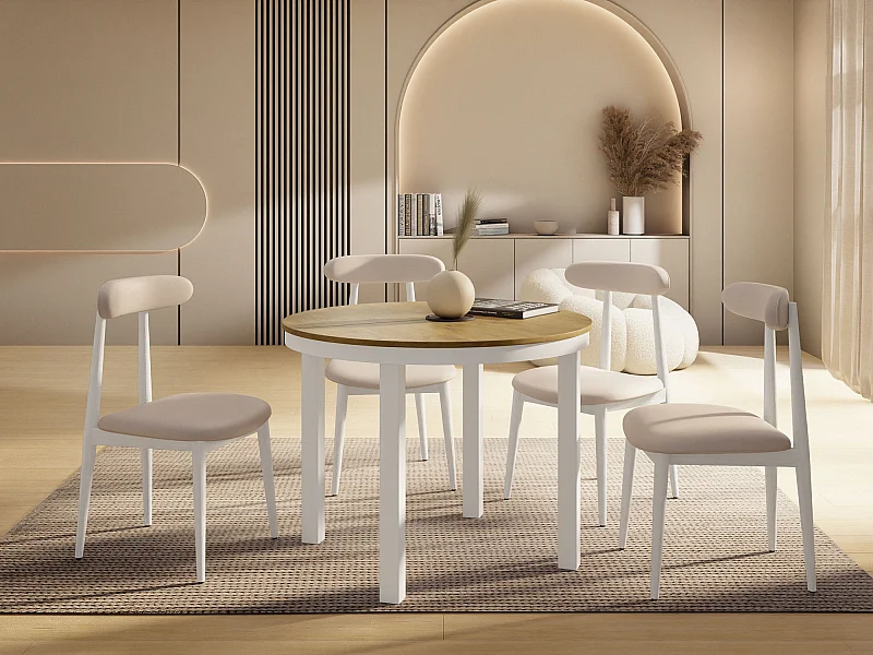 Table à Manger Ronde Extensible avec Pieds Métalliques Blancs – Table Industrielle – Table Gain de Place pour Salon ou Cuisine – 100 cm à 180 cm – Chêne Lancelot