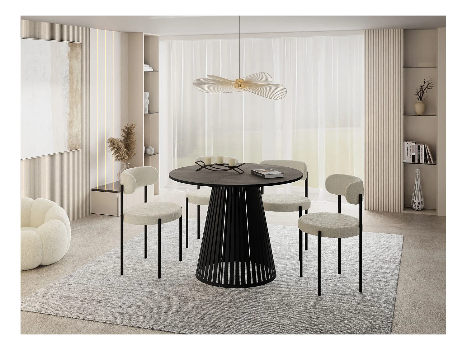 Table à Manger Ronde Extensible avec Lamelles Style Loft 120 cm – Design Industriel avec Pieds en Métal Noir, Gain de Place pour Salon – Béton Gris Foncé